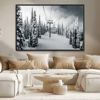 31156828-MGV-CV-36X24-Snowy Pines Wall Art Canvas Print, Framed Ski Lift Art Picture Print, Winter Forest Perfect Moody Lodge Decor Artwork