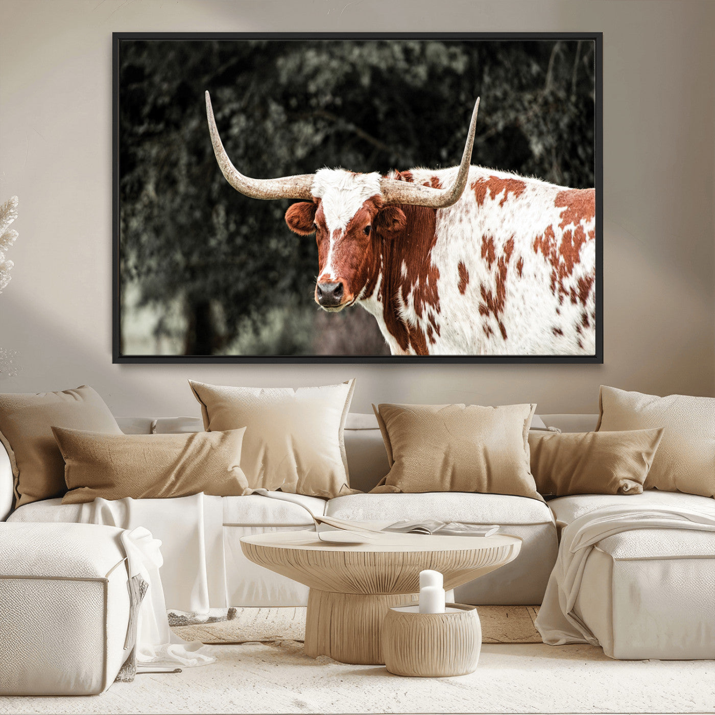 54027638-MGV-CV-36X24-Texas Longhorn Wall Art Canvas Print, Framed Spotted Cow Art Picture Print, Horned Bull Perfect Rustic Western Decor Artwork