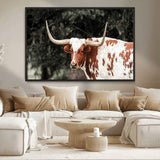 54027638-MGV-CV-36X24-Texas Longhorn Wall Art Canvas Print, Framed Spotted Cow Art Picture Print, Horned Bull Perfect Rustic Western Decor Artwork