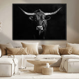 42077175-MGV-CV-36X24-Texas Longhorn Wall Art Canvas Print, Framed Monochrome Bull Art Picture Print, Horned Bull Perfect Rustic Western Decor Artwork