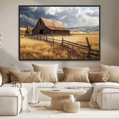 38758826-MGV-CV-36X24-Rustic Barn Wall Art Canvas Print, Framed Moody Barn Art Picture Print, Golden Field Perfect Rustic Farmhouse Decor Artwork