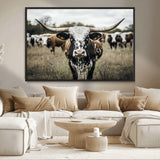 79025945-MGV-CV-36X24-Texas Longhorn Wall Art Canvas Print, Framed Speckled Cow Art Picture Print, Horned Cattle Perfect Rustic Western Decor Artwork