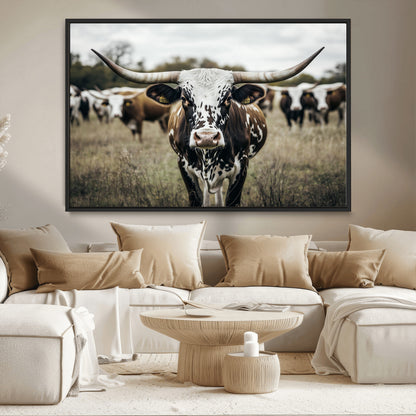 79025945-MGV-CV-36X24-Texas Longhorn Wall Art Canvas Print, Framed Speckled Cow Art Picture Print, Horned Cattle Perfect Rustic Western Decor Artwork