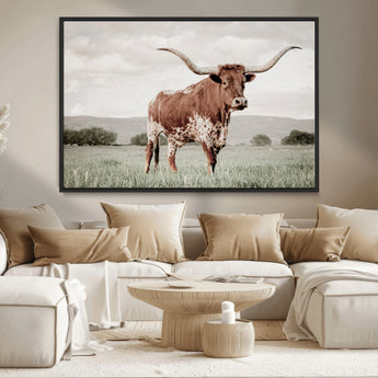 28309012-MGV-CV-36X24-Texas Longhorn Wall Art Canvas Print, Framed Spotted Cattle Art Picture Print, Horned Bull Perfect Rustic Western Decor Artwork
