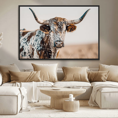 70414966-MGV-CV-36X24-Texas Longhorn Wall Art Canvas Print, Framed Speckled Cow Art Picture Print, Horned Bull Perfect Rustic Western Decor Artwork