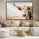 72766375-MGV-CV-36X24-Texas Longhorn Wall Art Canvas Print, Framed Spotted Cow Art Picture Print, Horned Cattle Perfect Rustic Western Decor Artwork