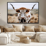 76294381-MGV-CV-36X24-Texas Longhorn Wall Art Canvas Print, Framed Spotted Cow Art Picture Print, Horned Cattle Perfect Rustic Western Decor Artwork