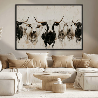 12027562-MGV-CV-36X24-Longhorn Cattle Wall Art Canvas Print, Framed Bison Herd Art Picture Print, Cattle Group Perfect Rustic Farmhouse Decor Artwork