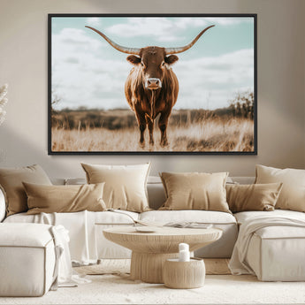 39350715-MGV-CV-36X24-Texas Longhorn Wall Art Canvas Print, Framed Longhorn Cow Art Picture Print, Western Cattle Perfect Rustic Western Decor Artwork