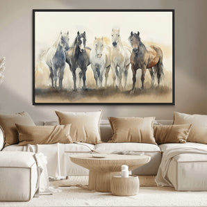 11177620-MGV-CV-36X24-Wild Horses Wall Art Canvas Print, Framed Running Horses Art Picture Print, Watercolor Horses Perfect Rustic Western Decor Artwork