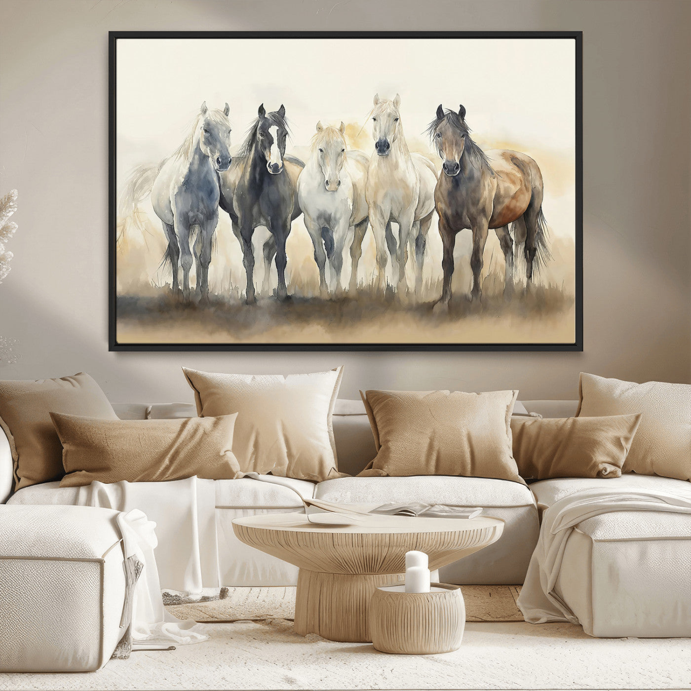11177620-MGV-CV-36X24-Wild Horses Wall Art Canvas Print, Framed Running Horses Art Picture Print, Watercolor Horses Perfect Rustic Western Decor Artwork
