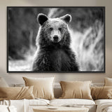 MGV-FC-36X24 - Grizzly Bear Wall Art Canvas Print, Framed Black White Bear Art Picture Print, Wild Bear Perfect Rustic Wildlife Decor Artwork