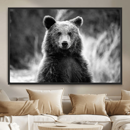 MGV-FC-36X24 - Grizzly Bear Wall Art Canvas Print, Framed Black White Bear Art Picture Print, Wild Bear Perfect Rustic Wildlife Decor Artwork