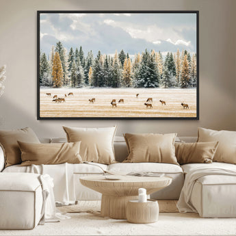 64188182-MGV-CV-36X24-Elk Herd Wall Art Canvas Print, Framed Snowy Forest Art Picture Print, Forest Elks Perfect Neutral Rustic Decor Artwork