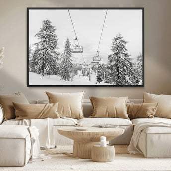55003599-MGV-CV-36X24-Snowy Ski Lift Wall Art Canvas Print, Framed Winter Forest Art Picture Print, Ski lift Ride Perfect Winter Lodge Decor Artwork