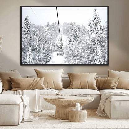 60296839-MGV-CV-36X24-Snowy Mountains Wall Art Canvas Print, Framed Ski Lift Art Picture Print, Winter Forest Perfect Winter Minimalist Decor Artwork