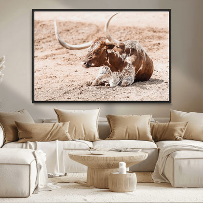 91248682-MGV-CV-36X24-Texas Longhorn Wall Art Canvas Print, Framed Resting Bull Art Picture Print, Spotted Cattle Perfect Rustic Western Decor Artwork