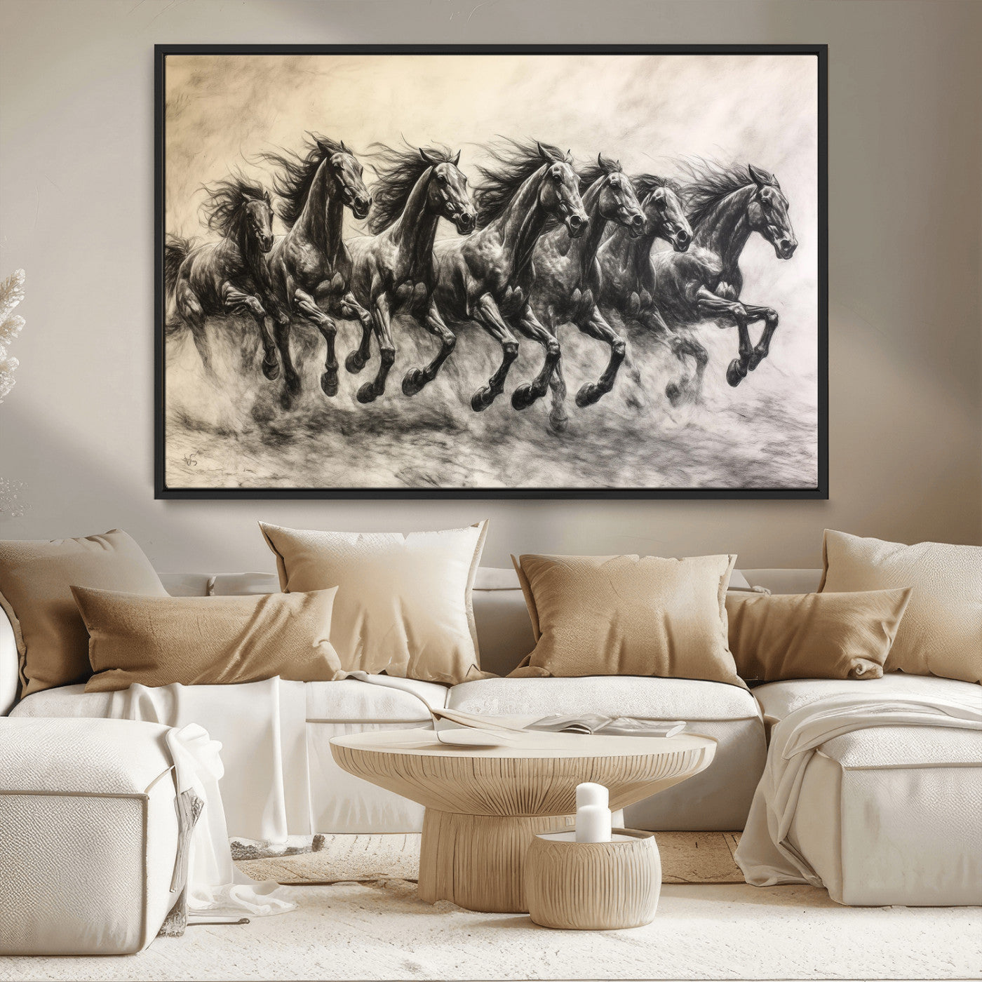 56089591-MGV-CV-36X24-Galloping Horses Wall Art Canvas Print, Framed Wild Stallions Art Picture Print, Horse Herd Sketch Perfect Monochrome Dynamic