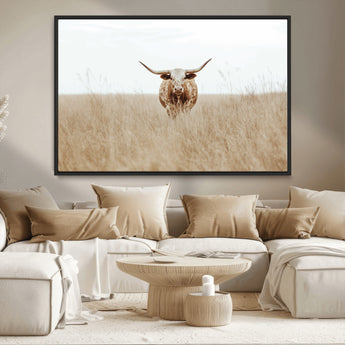 20927060-MGV-CV-36X24-Texas Longhorn Wall Art Canvas Print, Framed Lone Cattle Art Picture Print, Longhorn Bull Perfect Rustic Western Decor Artwork