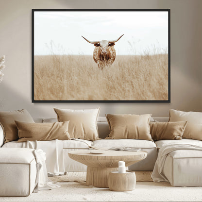 20927060-MGV-CV-36X24-Texas Longhorn Wall Art Canvas Print, Framed Lone Cattle Art Picture Print, Longhorn Bull Perfect Rustic Western Decor Artwork