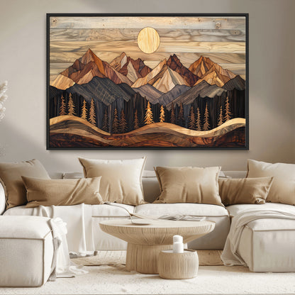 50100230-MGV-CV-36X24-Wooden Mountain Wall Art – Rustic Nature Landscape Canvas Print, Handmade Style Sun, Forest, and Peaks Artwork for Living Room,