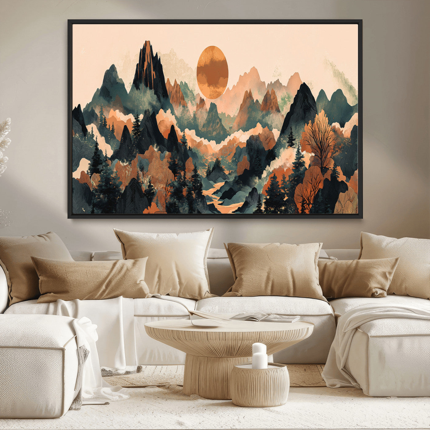 13012770-MGV-CV-36X24-Mountain Landscape Wall Art – Modern Nature Canvas Print with Sun, Misty Peaks, and Forest in Orange and Green Tones for Living