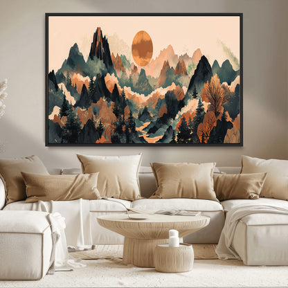 13012770-MGV-CV-36X24-Mountain Landscape Wall Art – Modern Nature Canvas Print with Sun, Misty Peaks, and Forest in Orange and Green Tones for Living
