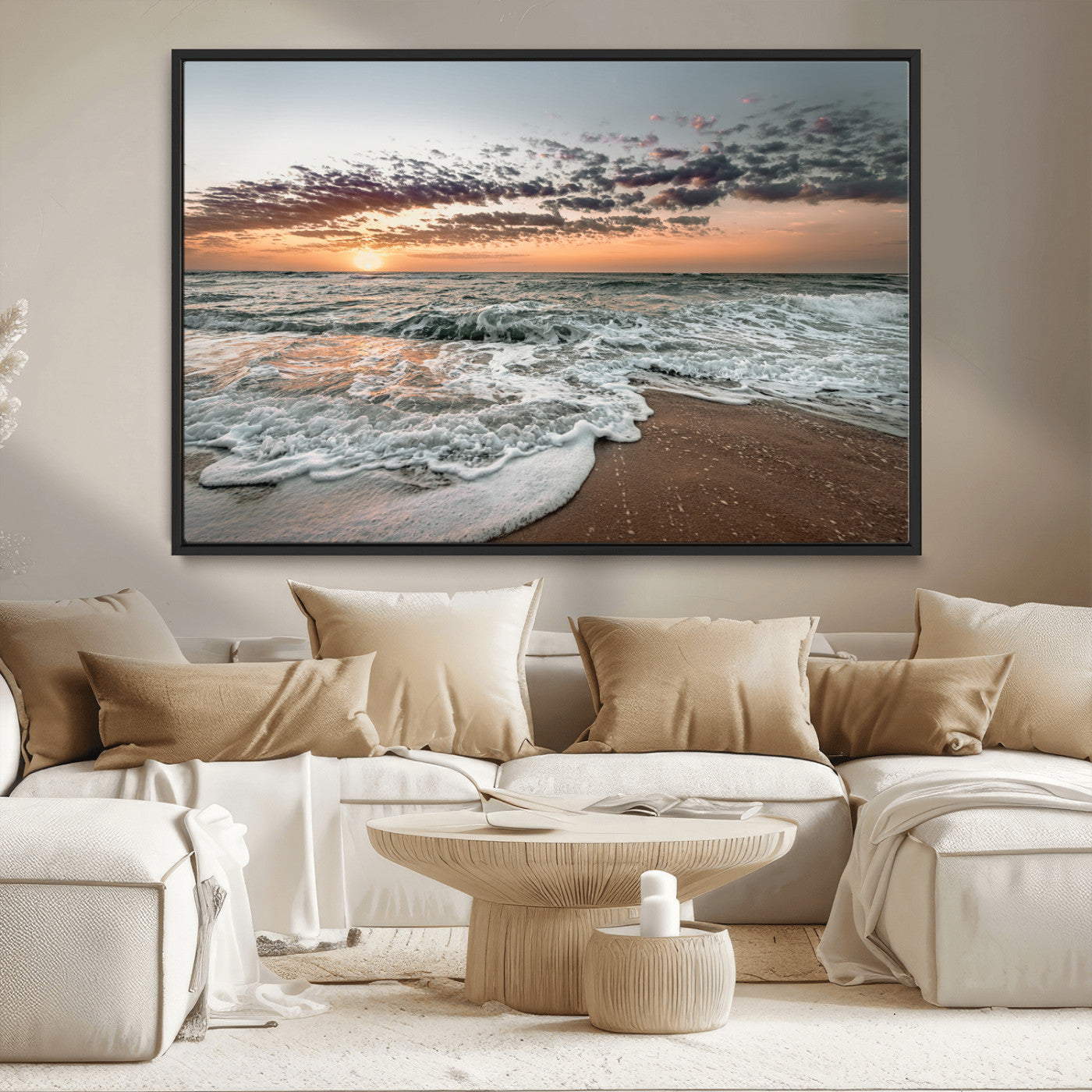 40632752-MGV-CV-36X24-Ocean Sunset Wall Art Canvas Print, Framed Beach Waves Art Picture Print, Coastal Scene Perfect Coastal Decor Artwork