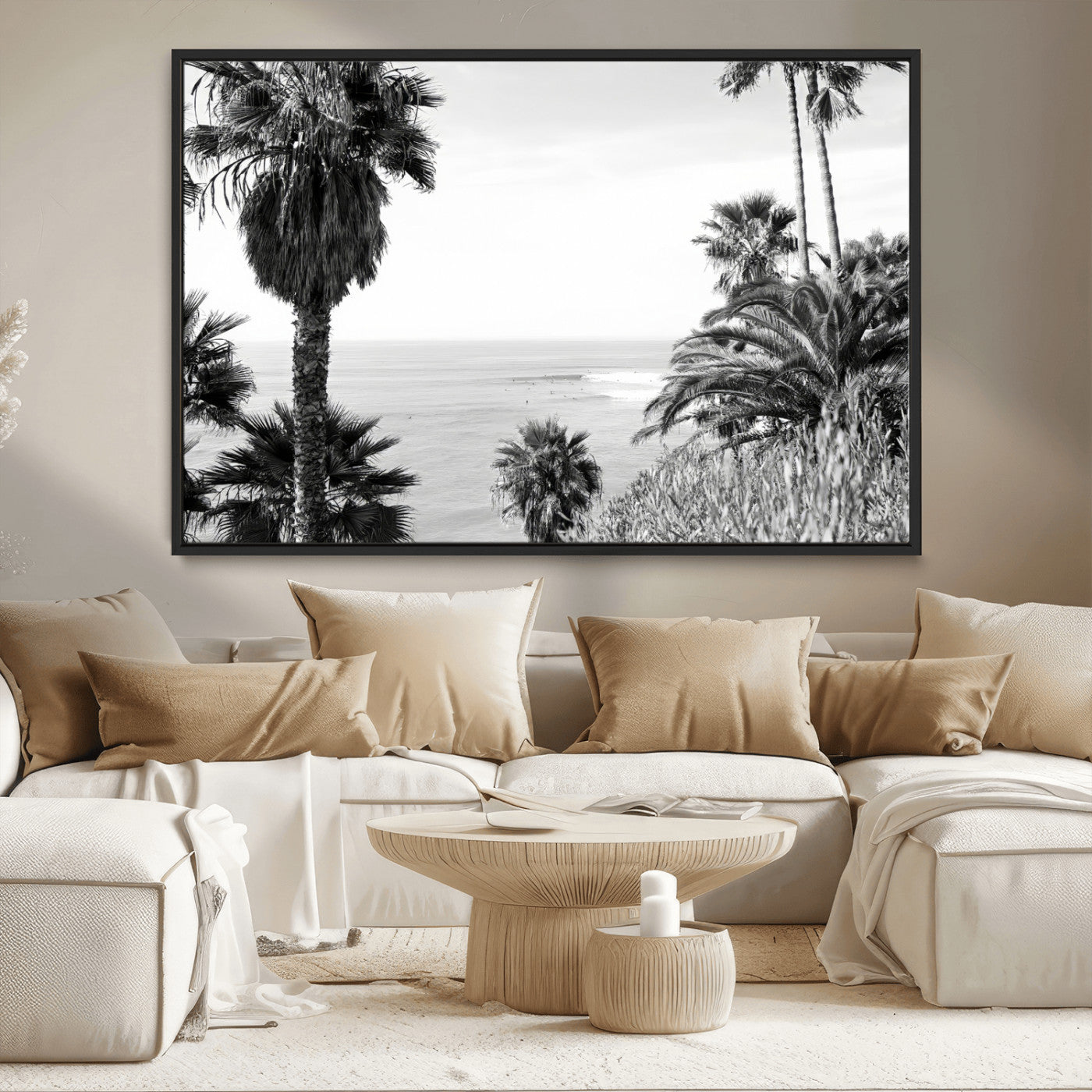 89458520-MGV-CV-36X24-Palm Trees Wall Art Canvas Print, Framed Coastal View Art Picture Print, Ocean Horizon Perfect Monochrome Coast Decor Artwork