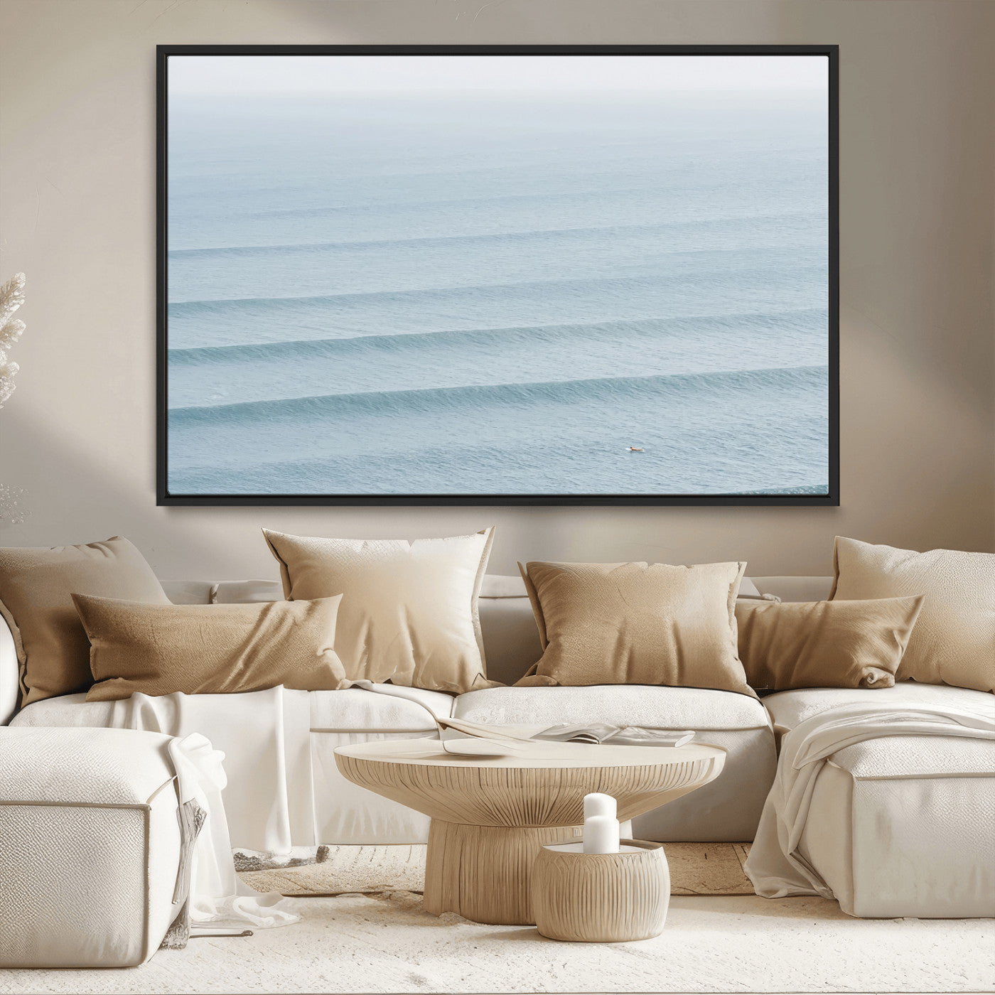47814787-MGV-CV-36X24-Ocean Waves Wall Art Canvas Print, Framed Solo Surfer Art Picture Print, Wave Lines Perfect Minimalist Ocean Decor Artwork