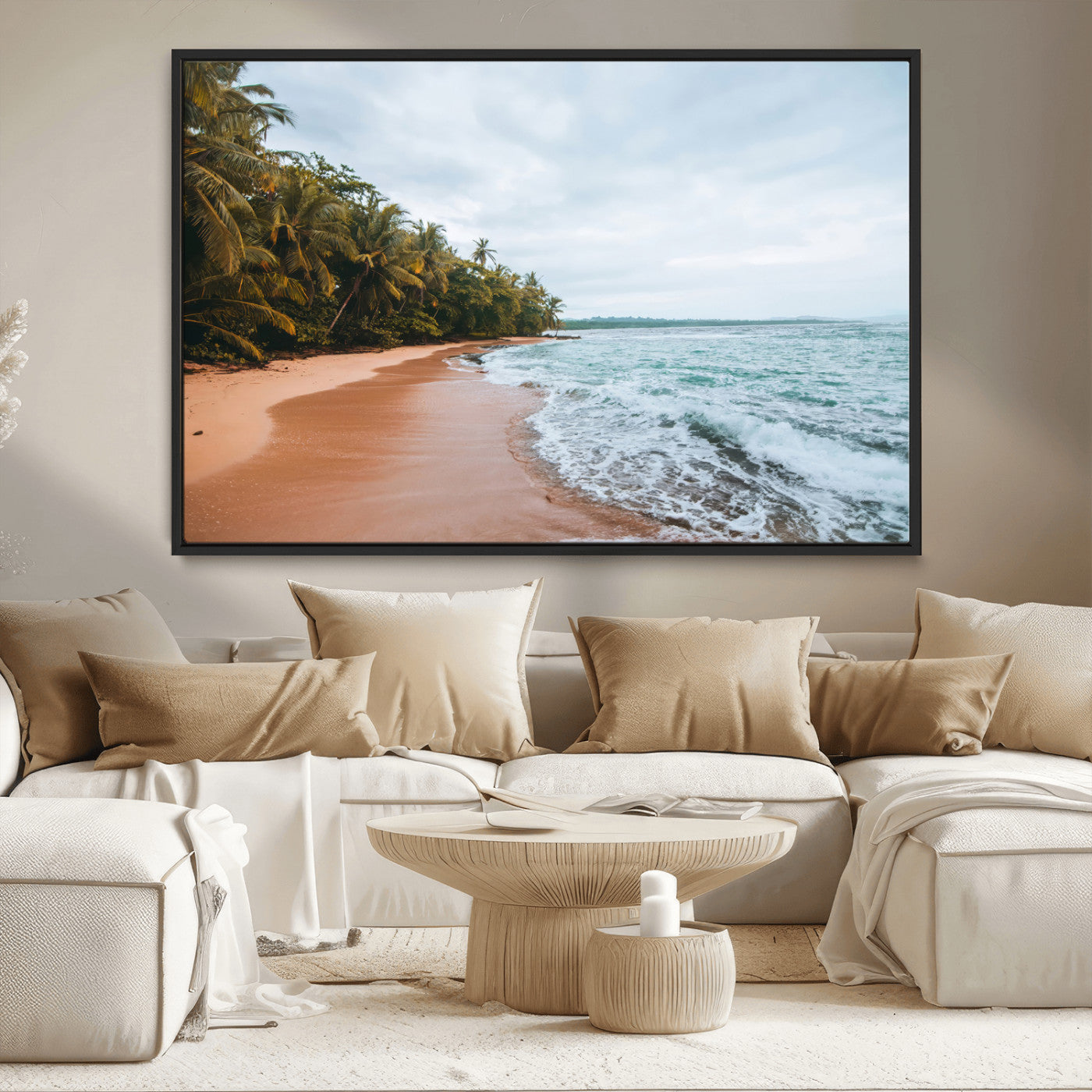 88125882-MGV-CV-36X24-Tropical Shoreline Wall Art Canvas Print, Framed Palm Trees Art Picture Print, Tropical Ocean Perfect Tropical Coastal Decor
