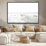 33449548-MGV-CV-36X24-Group Surfers Wall Art Canvas Print, Framed Ocean Wave Art Picture Print, Surf Crowd Perfect Monochrome Surf Decor Artwork