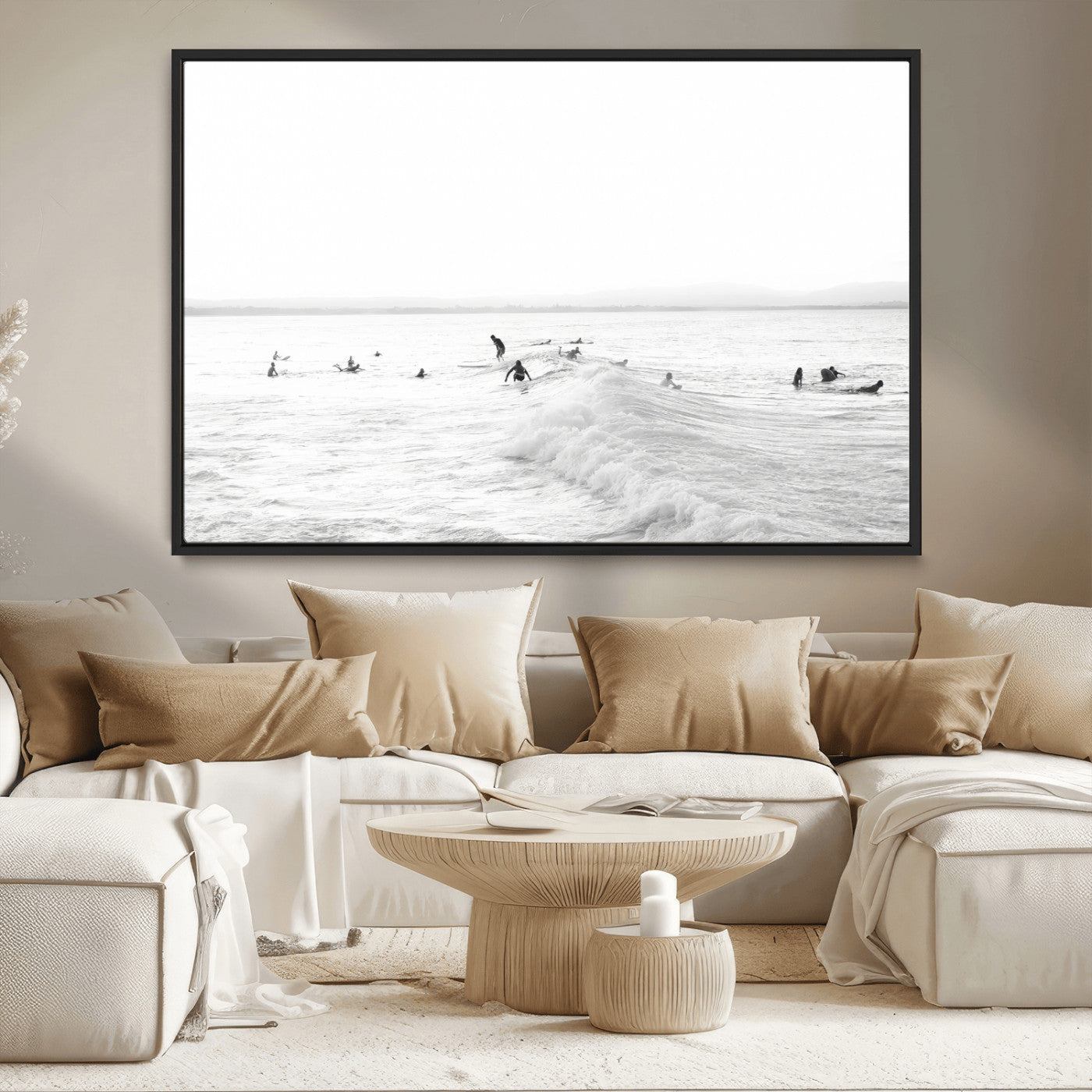 33449548-MGV-CV-36X24-Group Surfers Wall Art Canvas Print, Framed Ocean Wave Art Picture Print, Surf Crowd Perfect Monochrome Surf Decor Artwork