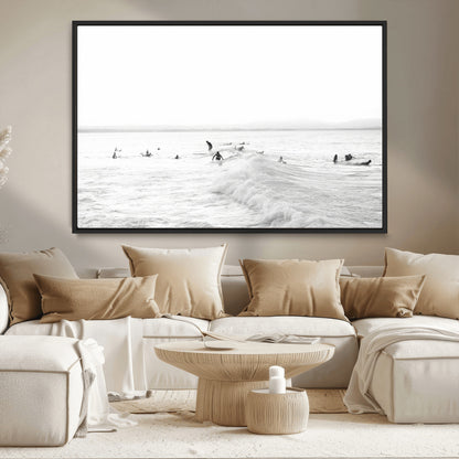33449548-MGV-CV-36X24-Group Surfers Wall Art Canvas Print, Framed Ocean Wave Art Picture Print, Surf Crowd Perfect Monochrome Surf Decor Artwork
