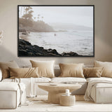 62501405-MGV-CV-36X24-Misty Beach Wall Art Canvas Print, Framed California Surfer Art Picture Print, Coastal Cliff Perfect Coastal Beach Decor Artwork