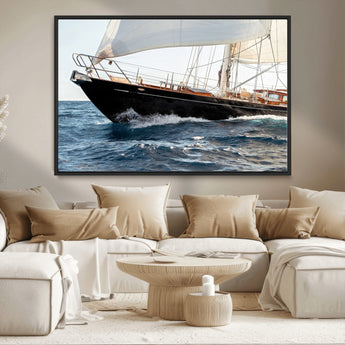 97168626-MGV-CV-36X24-Sailing Yacht Wall Art Canvas Print, Framed Wooden Yacht Art Picture Print, Ocean Waves Perfect Nautical Coastal Decor Artwork