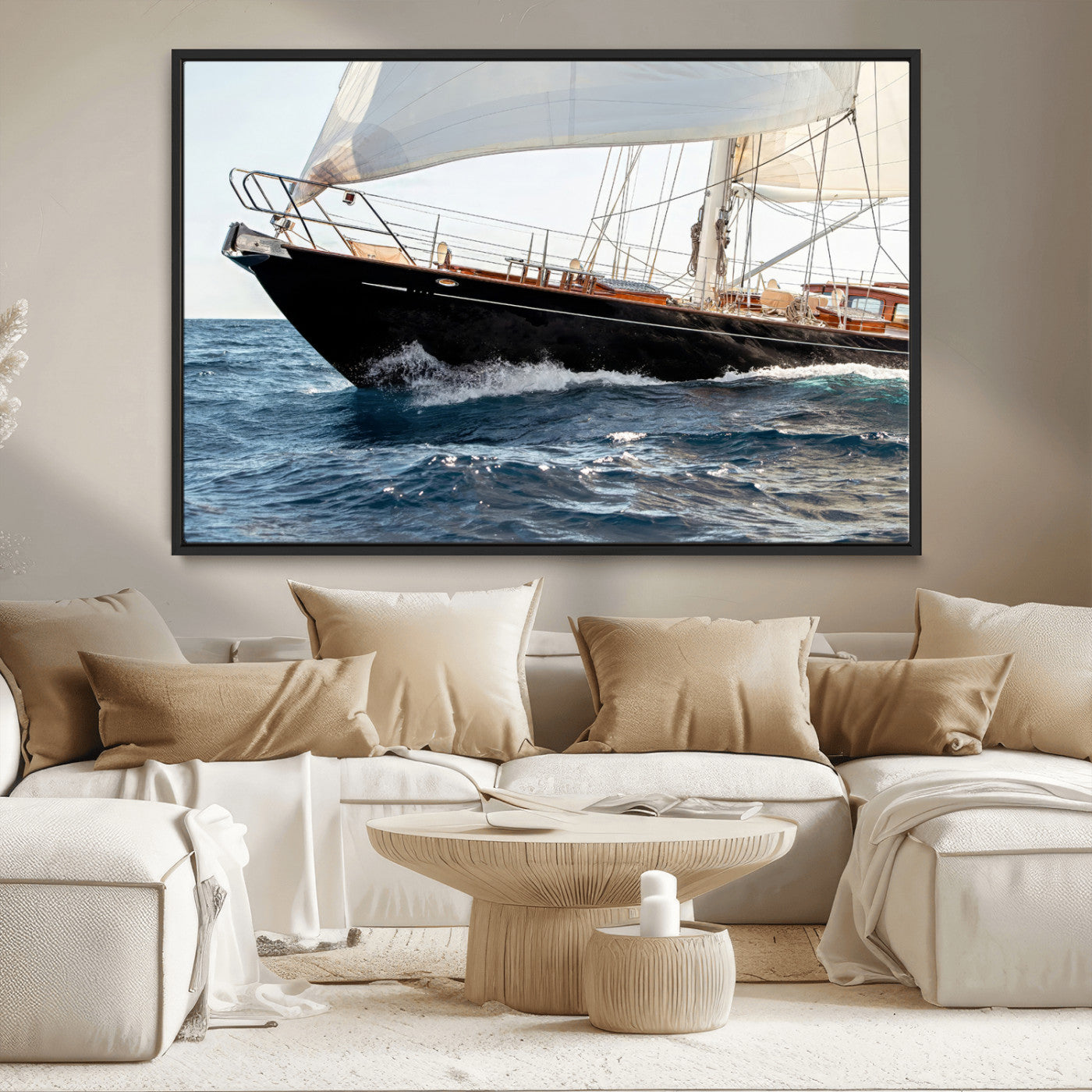 97168626-MGV-CV-36X24-Sailing Yacht Wall Art Canvas Print, Framed Wooden Yacht Art Picture Print, Ocean Waves Perfect Nautical Coastal Decor Artwork