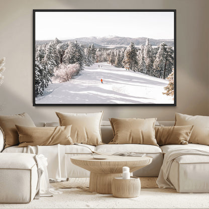 62119206-MGV-CV-36X24-Snowy Trail Wall Art Canvas Print, Framed Ski Slope Art Picture Print, Winter Pines Perfect Alpine Adventure Decor Artwork