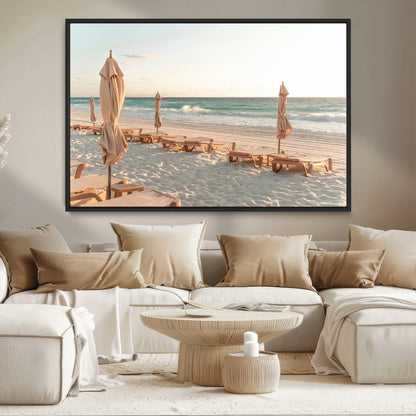 58507949-MGV-CV-36X24-Beach Umbrellas Wall Art Canvas Print, Framed Empty Loungers Art Picture Print, Soft Sand Perfect Minimalist Seaside Decor Artwork