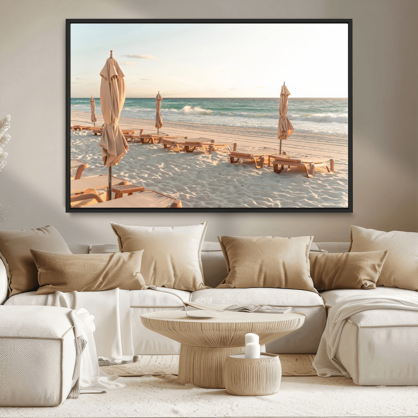 58507949-MGV-CV-36X24-Beach Umbrellas Wall Art Canvas Print, Framed Empty Loungers Art Picture Print, Soft Sand Perfect Minimalist Seaside Decor Artwork
