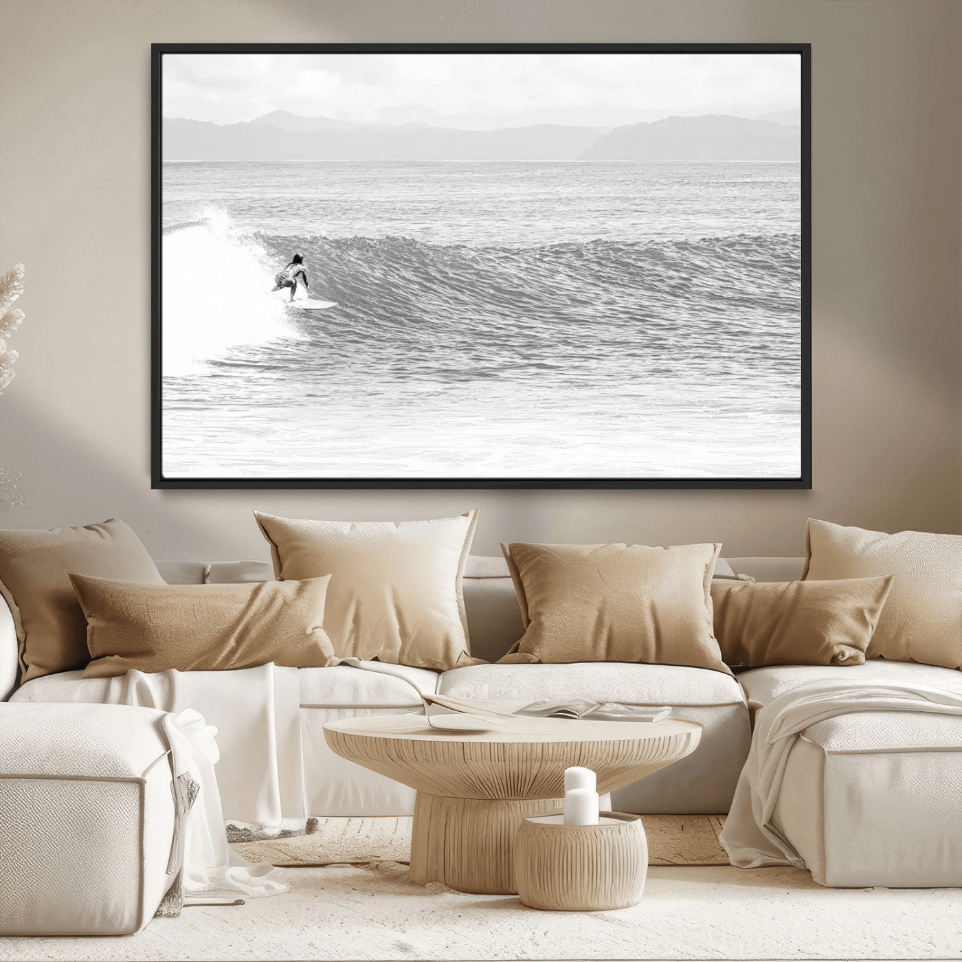 81535128-MGV-CV-36X24-Surfer Woman Wall Art Canvas Print, Framed Black Ocean Art Picture Print, Ocean Surfing Perfect Monochrome Coastal Decor Artwork