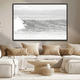 81535128-MGV-CV-36X24-Surfer Woman Wall Art Canvas Print, Framed Black Ocean Art Picture Print, Ocean Surfing Perfect Monochrome Coastal Decor Artwork
