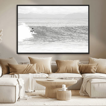 81535128-MGV-CV-36X24-Surfer Woman Wall Art Canvas Print, Framed Black Ocean Art Picture Print, Ocean Surfing Perfect Monochrome Coastal Decor Artwork