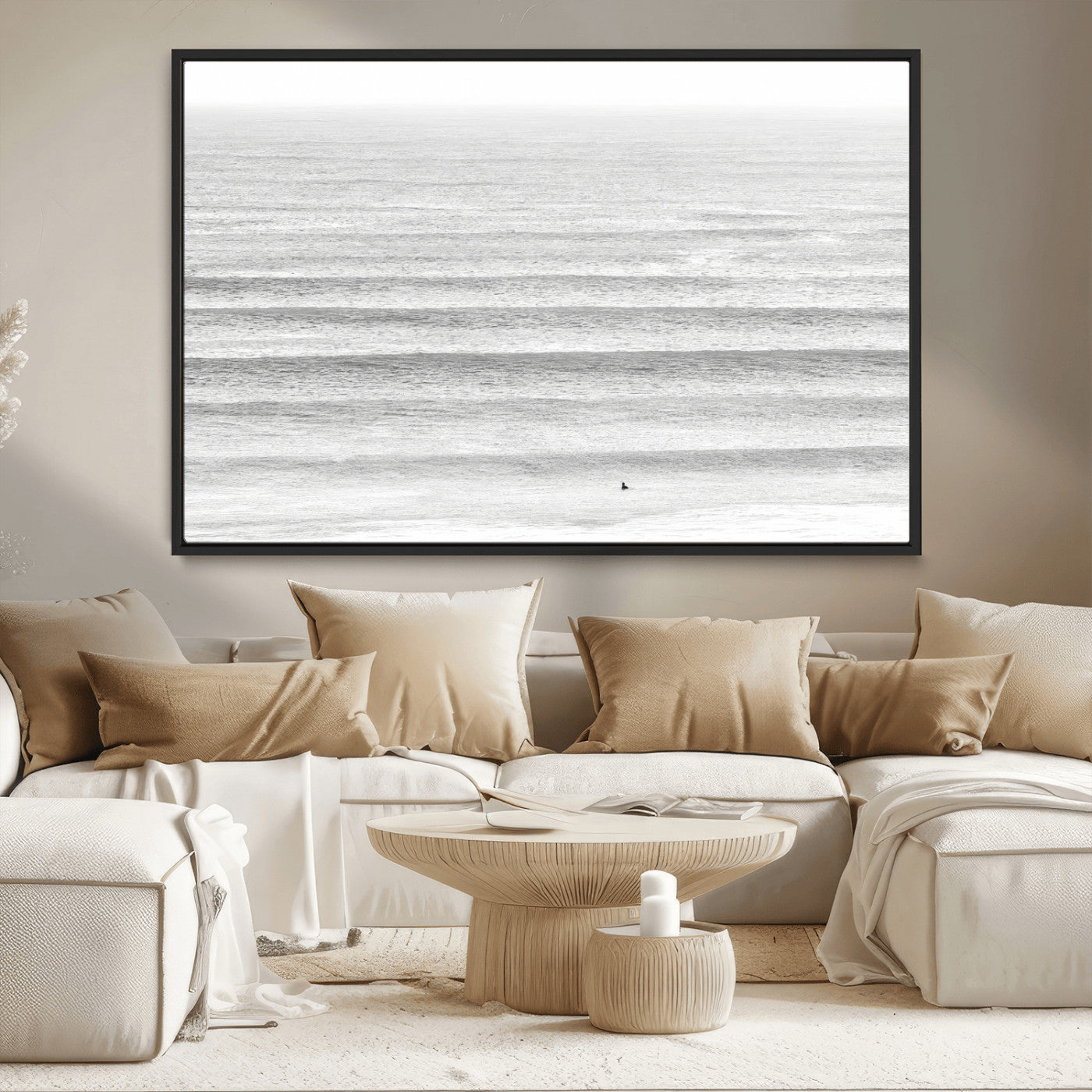 66534476-MGV-CV-36X24-Lone Surfer Wall Art Canvas Print, Framed Ocean Waves Art Picture Print, Minimal Sea Perfect Minimal Coastal Decor Artwork