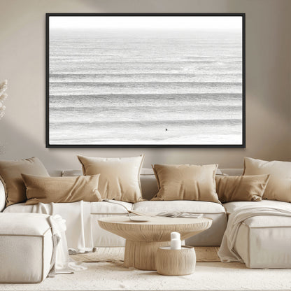 66534476-MGV-CV-36X24-Lone Surfer Wall Art Canvas Print, Framed Ocean Waves Art Picture Print, Minimal Sea Perfect Minimal Coastal Decor Artwork