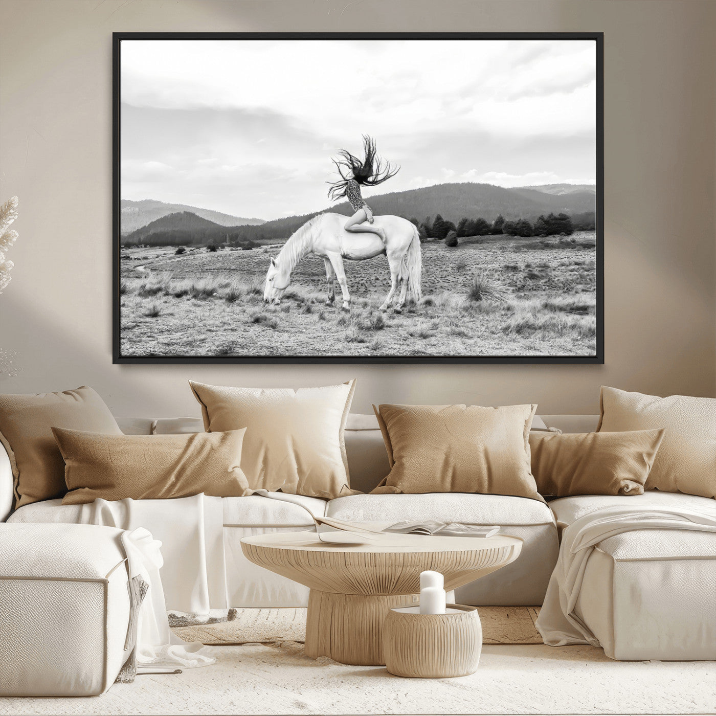 62789800-MGV-CV-36X24-White Horse Wall Art Canvas Print, Framed Woman Rider Art Picture Print, Equestrian Pose Perfect Western Boho Decor Artwork