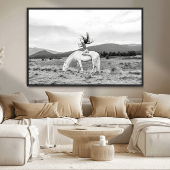 62789800-MGV-CV-36X24-White Horse Wall Art Canvas Print, Framed Woman Rider Art Picture Print, Equestrian Pose Perfect Western Boho Decor Artwork