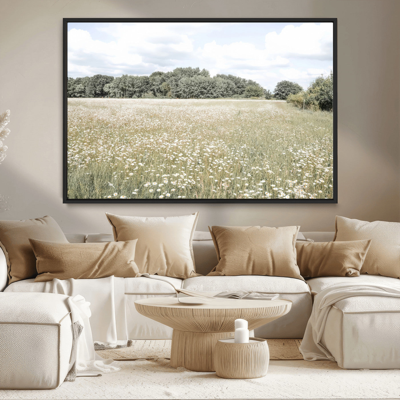 43258946-MGV-CV-36X24-Daisy Field Wall Art Canvas Print, Framed Pastel Flower Art Picture Print, Meadow Bloom Perfect Scandinavian Minimalist Decor