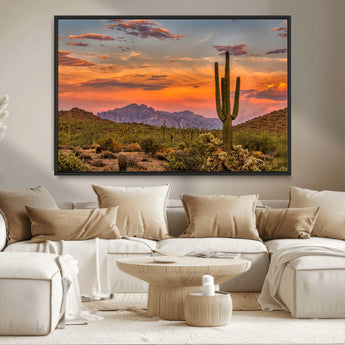 25332783-MGV-CV-36X24-Saguaro Cactus Wall Art Canvas Print, Framed Arizona Sunset Art Picture Print, Sonoran Desert Perfect Southwestern Boho Decor