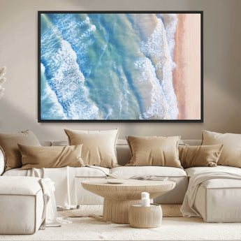 17641845-MGV-CV-36X24-Aerial Ocean Wall Art Canvas Print, Framed Blue Waves Art Picture Print, Sandy Shoreline Perfect Modern Coastal Decor Artwork